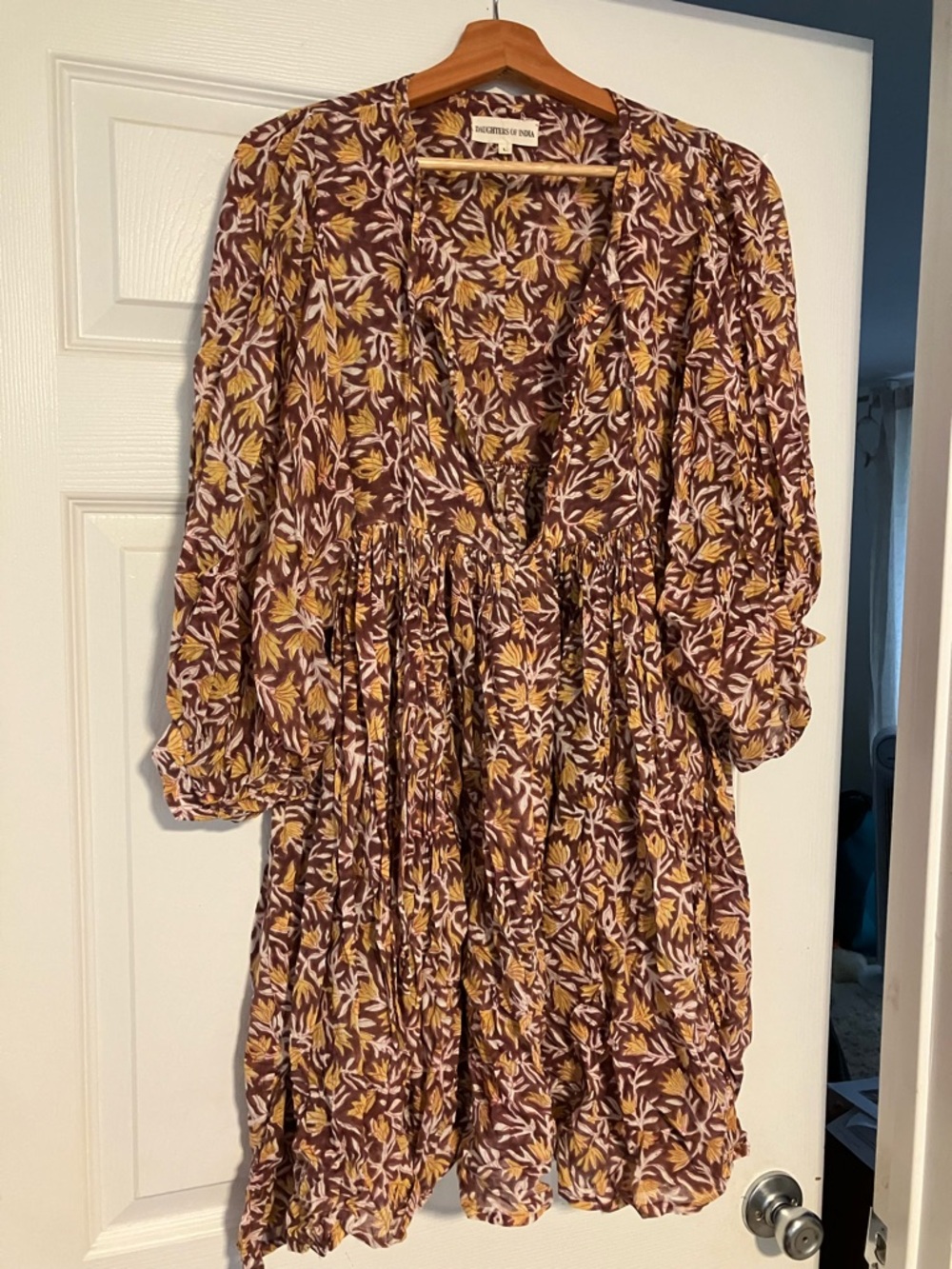 Daughters of India maroon Floral Mini Dress with Yellow & Cream Accents